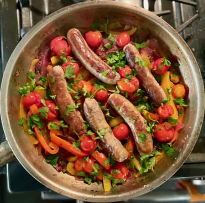 SAUSAGE AND PEPPERS OUR WAY…WITH GRAPE TOMATOES