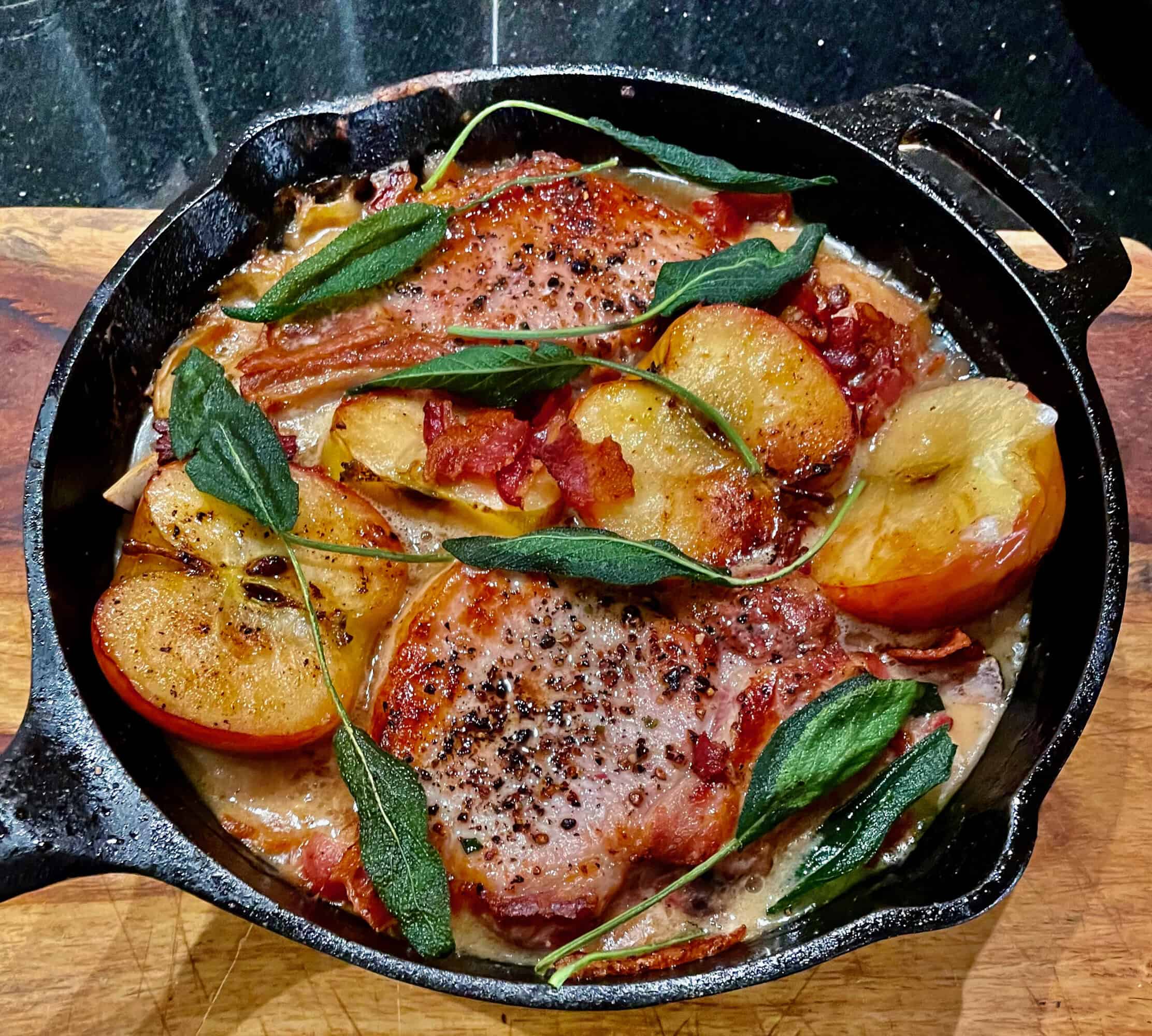 PORK CHOPS WITH APPLES AND BACON