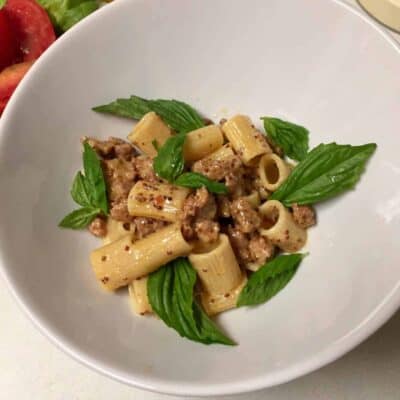 NIGEL SLATER’S PASTA WITH SAUSAGE, BASIL AND MUSTARD