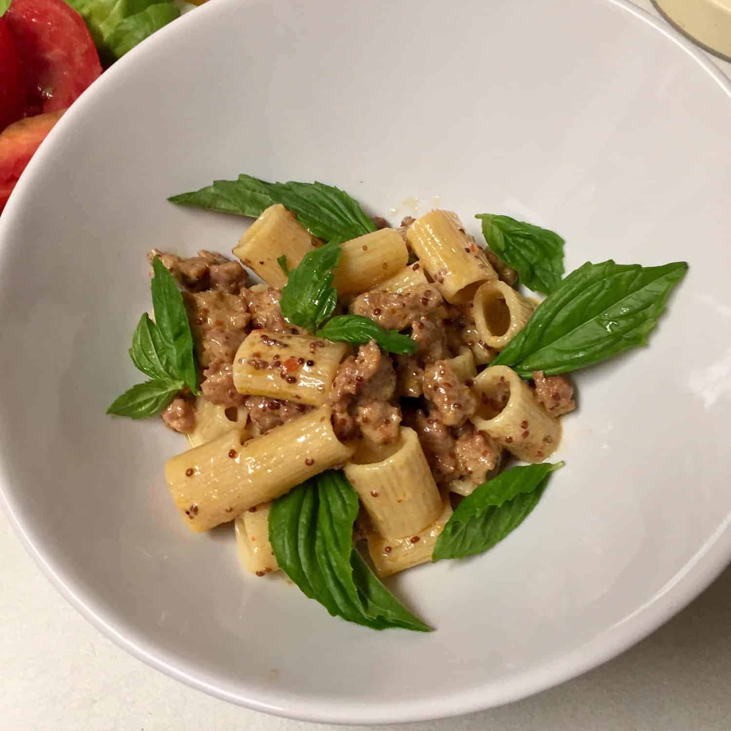 NIGEL SLATER’S PASTA WITH SAUSAGE, BASIL AND MUSTARD