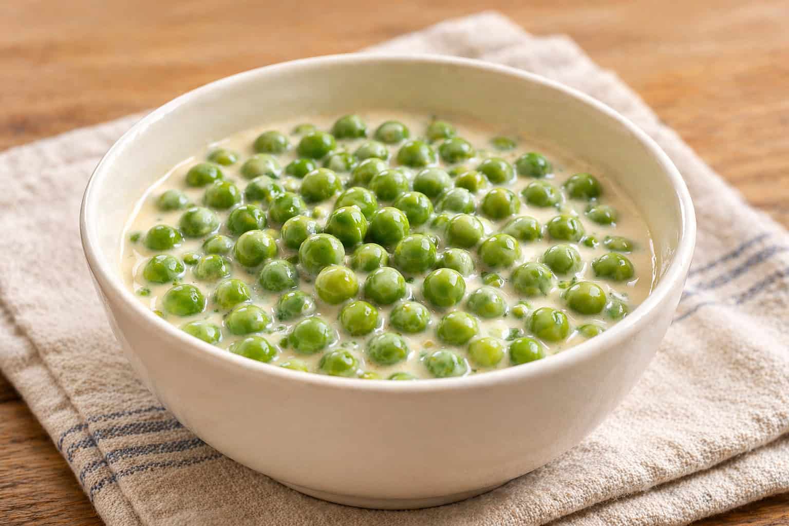 Creamy green peas in a shallow bowl on a beige towel-lined surface.
