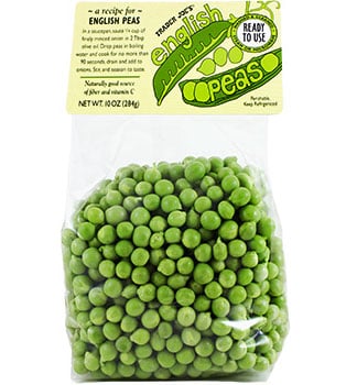 Bag of fresh green English peas in a clear plastic bag with a yellow label (reads 'Ready to Use').