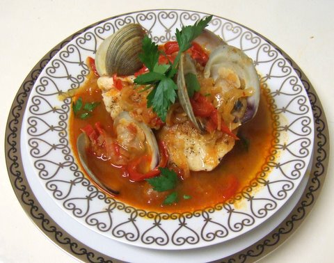RED SNAPPER WITH MERGUEZ SAUSAGE, LITTLENECK CLAMS AND ROMESCO