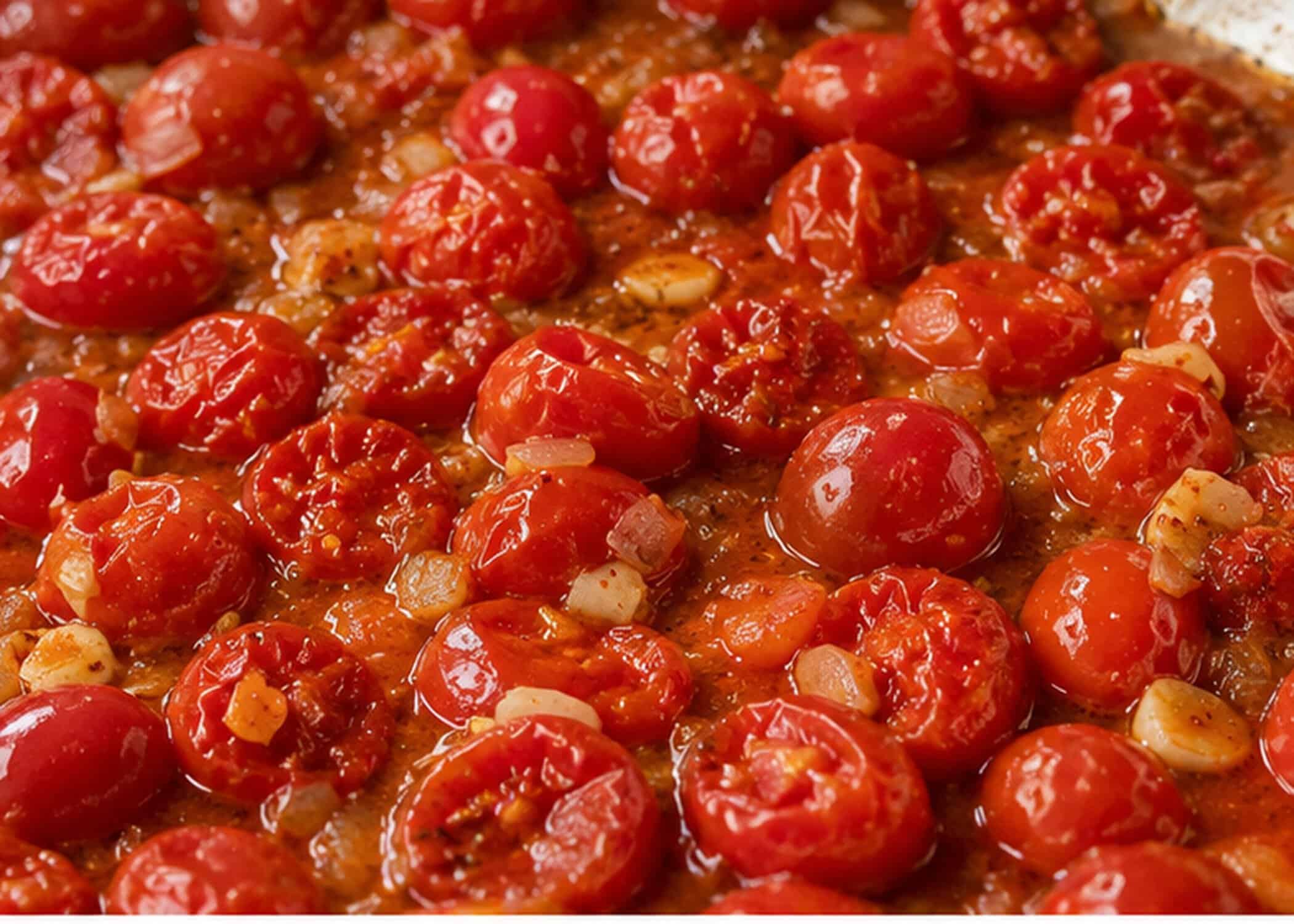 Cherry tomatoes simmering in a tomato sauce with small bits of garlic.