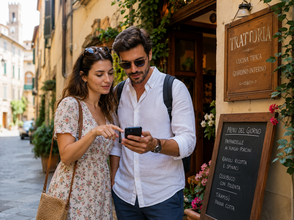 Couple outdoors by a trattoria, looking at a smartphone together; woman in a floral dress with a straw bag, man in a white shirt and backpack.