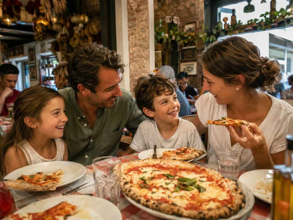 Family of four—two adults and two children—enjoying pizza at a restaurant, smiling and talking over a large pepperoni pizza on the table.