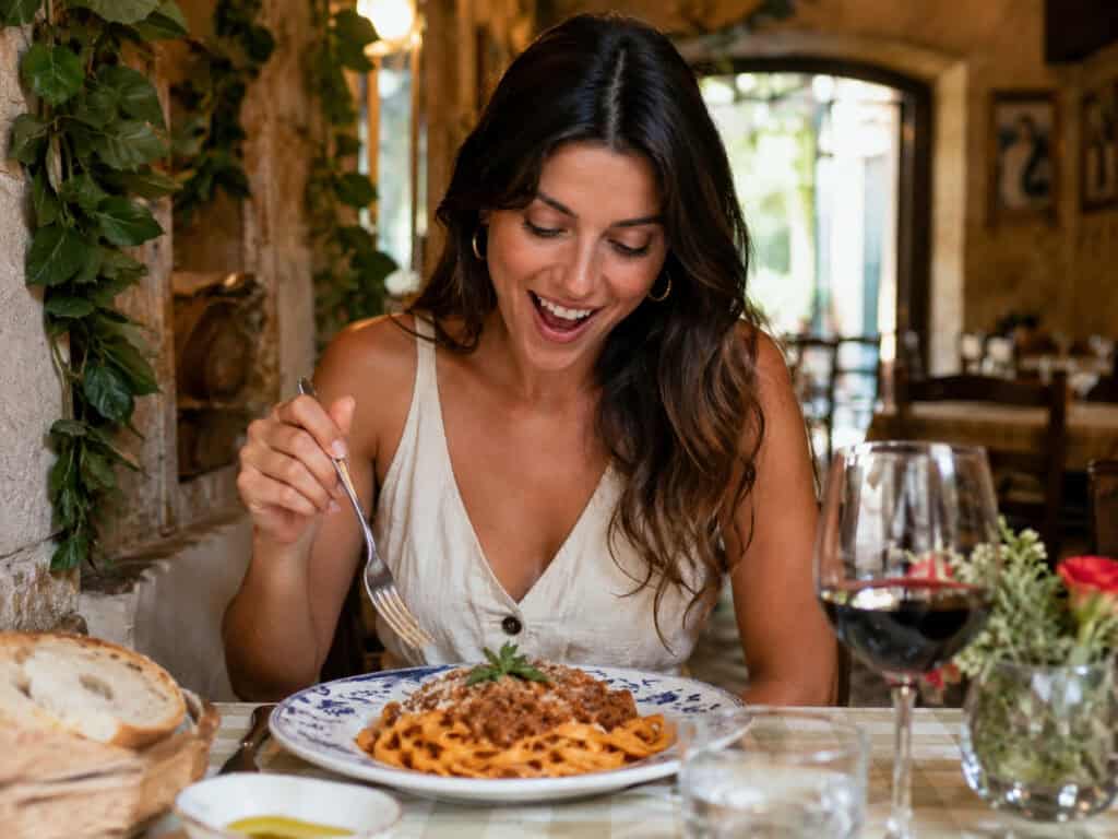 Woman smiling and eating pasta with a fork at a sunlit restaurant table, with a glass of red wine and bread nearby.