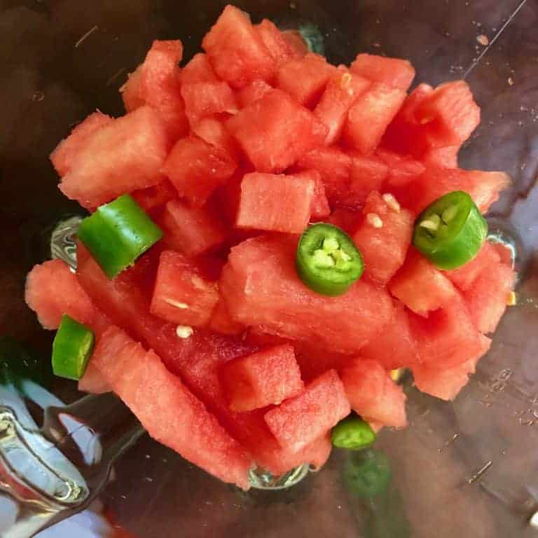 Seedless Watermelon is cut into cubes before being added to the Blender.