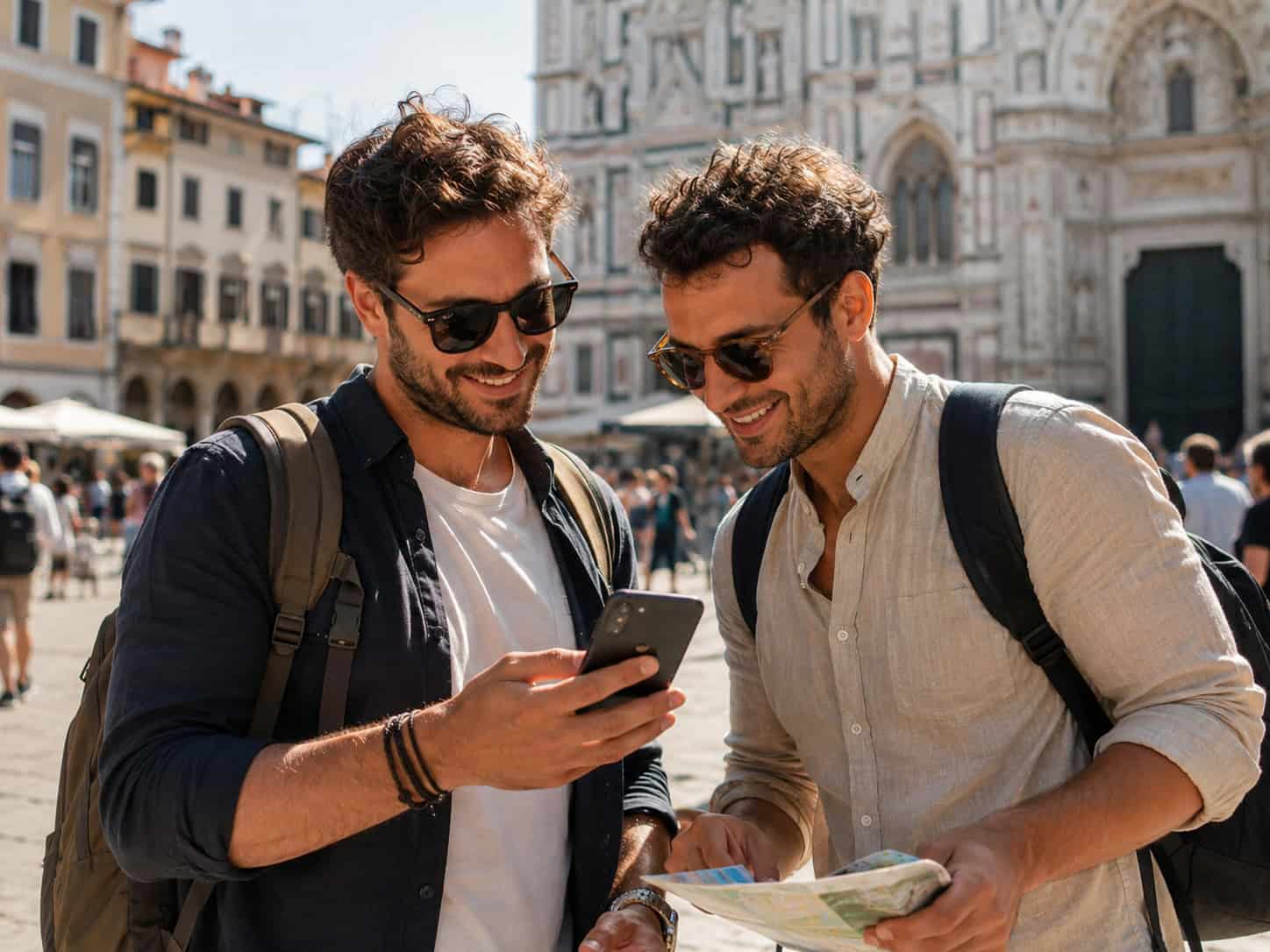Two men with backpacks look at a smartphone together in a sunny historic square, one holding a map and both wearing sunglasses.