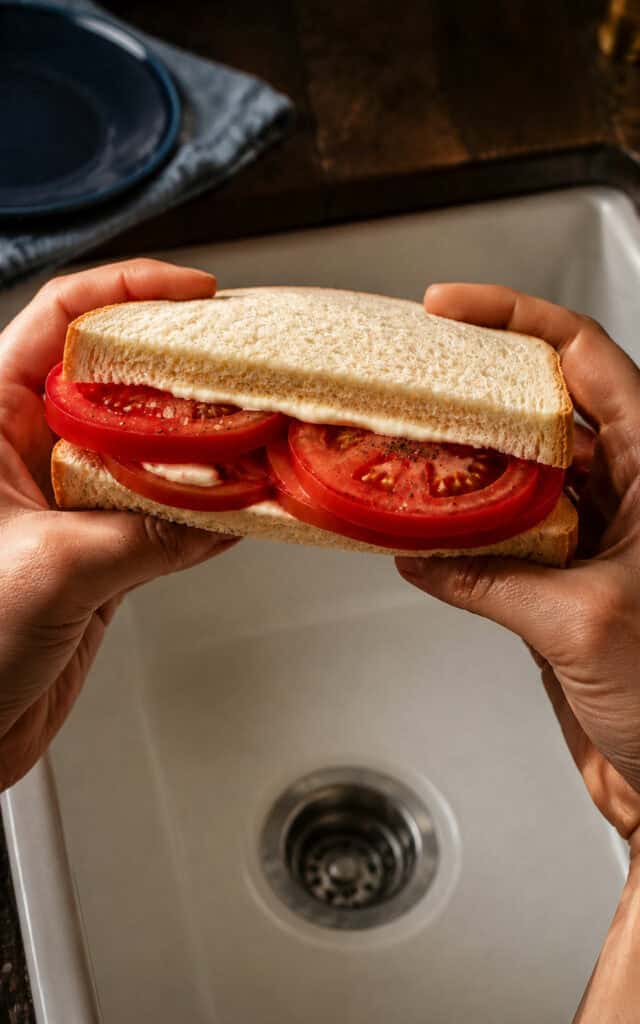 Hands hold a white-bread tomato sandwich over a kitchen sink, ready to eat.