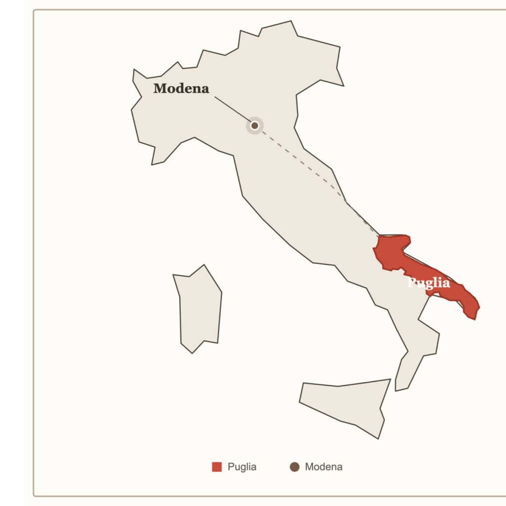 Outline map of Italy with Modena labeled in the north and Puglia highlighted in red in the southeast, connected by a dashed line. The legend shows red for Puglia and a brown dot for Modena.